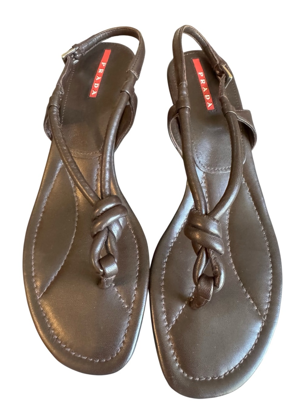 Prada Dark Brown Knotted T-Strap Leather Sandals